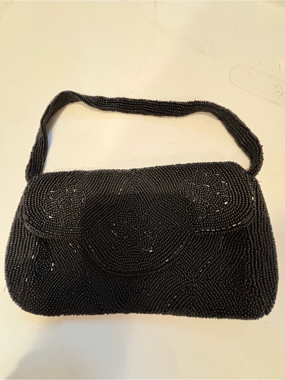 Black Beaded Floral Clutch with Shoulder Strap